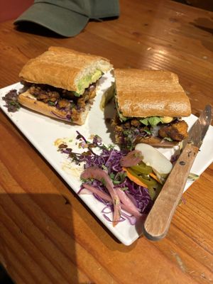 Avocado torta added vegan meat  at Lúpulo Craft Beer House in Santa Cruz