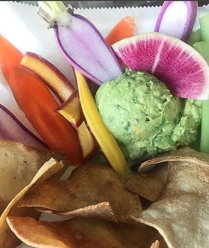 Chips (BAKED! Never fried!) and Guac and Veg at Greens on the Go in New Canaan