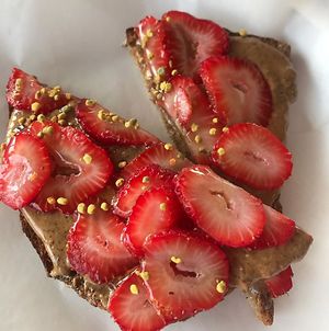 honey bee toast with Red Bee honey and local  organic sourdough! at Greens on the Go in New Canaan