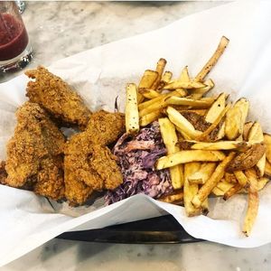 Southern Fried Seitan with slaw and chips at When Polly Met Fergie in Peterborough