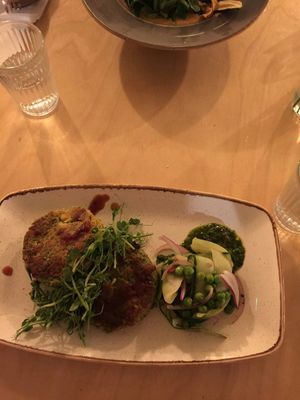 Crispy pea & chickpea pancakes at Urbanity in Dublin