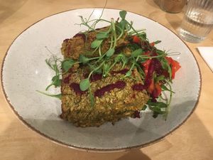 Daily special: carrot and leek bake, pepper and rocket salad, beetroot dressing  at Urbanity in Dublin