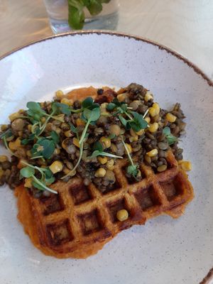 Vegan waffle with lentils, sweet potato, carrot and sweet corn at Urbanity in Dublin
