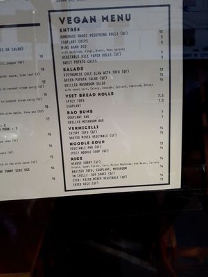 Vegan menu at Blue Ginger Viet Kitchen in Carnegie