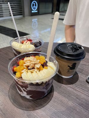 Large Shiok and original açai bowls, and soy coffee  at Randy Indulgence in Central Singapore