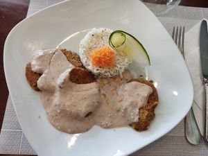 Seitan amb salsa d'ametlla at Amaranta in Girona