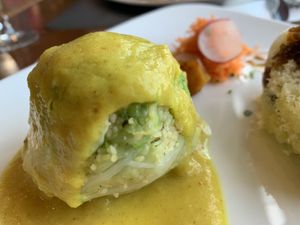 Stuffed cabbage with curried cous cous   at Amaranta in Girona