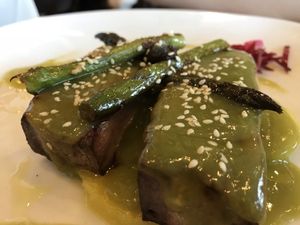 Baked tofu with asparagus salsa  at Amaranta in Girona