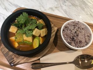 Tofu in spicy miso , Zucchini, Mushrooms + Multigrain Rice at Just Vegan in Shenzhen