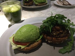 Mushroom burger and green apple/kale juice at Just Vegan in Shenzhen