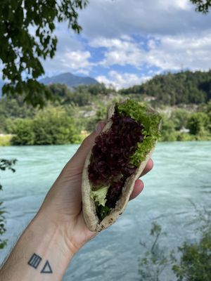 Asian style BBQ vegan pulled pork, Spring Onions, Lettuce, Cucumber and Sesame seeds CHF 14.50.- at Velo Cafe in Interlaken
