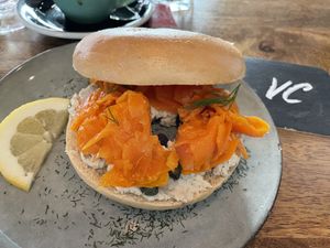 Vegan “Salmon” bagel at Velo Cafe in Interlaken