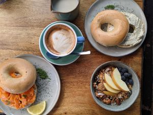 Cappuccino, bagels, granola at Velo Cafe in Interlaken