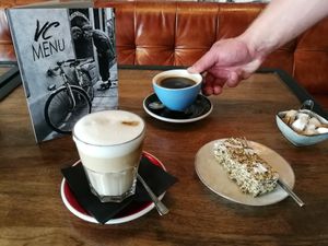 Cafe latte and black coffee at Velo Cafe in Interlaken