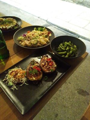 Miso glazed aubergine, edamame beans and pad thai (no fish sauce, no egg) at Silk in Split