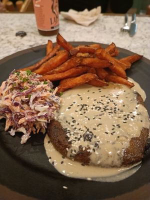 Seitan steak with coleslaw and sweet potato fries at The Green Affair - Saldanha in Lisbon