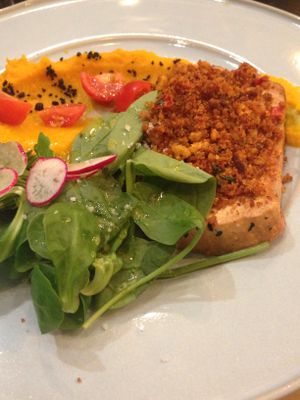 Marinated tofu with cornbread, tomato and coriander gratin, purée and salad at The Green Affair - Saldanha in Lisbon