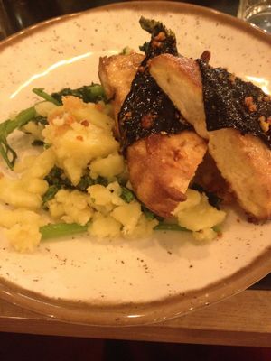 Boneless "Lagareiro": vegan version of a Portuguese codfish dish, with marinated tofu, seaweed and roughly mashed potatoes at The Green Affair - Saldanha in Lisbon
