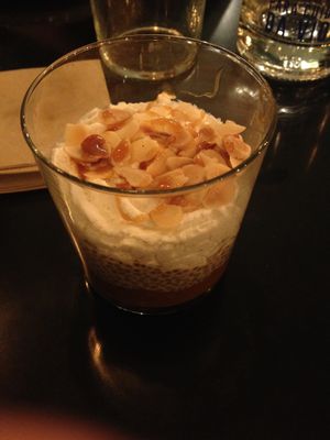 Pumpkin and Spices purée with crème fraîche, toasted almonds, salted caramel and dried apple at The Green Affair - Saldanha in Lisbon