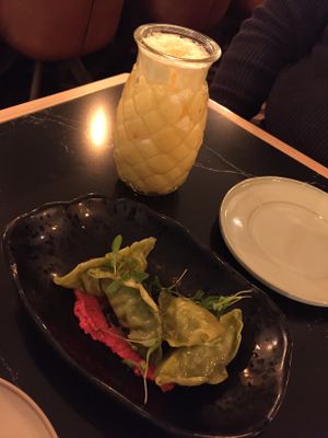 Gyosas with beetroot hummus. at The Green Affair - Saldanha in Lisbon