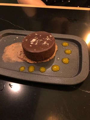 Layered 3 chocolate cake with mango coulis at The Green Affair - Saldanha in Lisbon