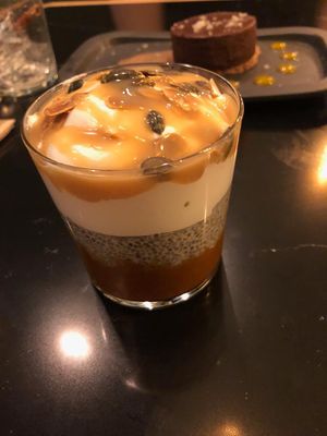 Pumpkin purée with chia pudding, salted caramel and thyme whipped cream at The Green Affair - Saldanha in Lisbon