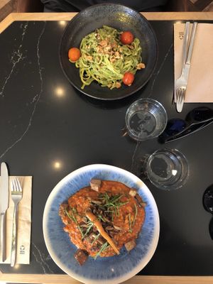 pesto pasta and tomato risotto at The Green Affair - Saldanha in Lisbon