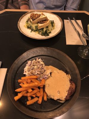 vegan take on traditional portuguese meal (‘fishy’ tofu and potato mash) and seitan steak at The Green Affair - Saldanha in Lisbon