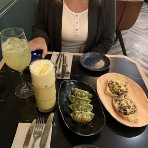 Gyoza and the turmeric coconut drink was amazing at The Green Affair - Saldanha in Lisbon