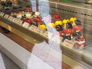 The display with 8 different vegan cakes !!  at Patisserie Chocolaterie Peigné in Lille