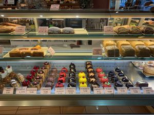 Cake counter with many vegan options  at Patisserie Chocolaterie Peigné in Lille