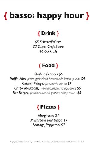 Happy hour menu at Basso in St Louis