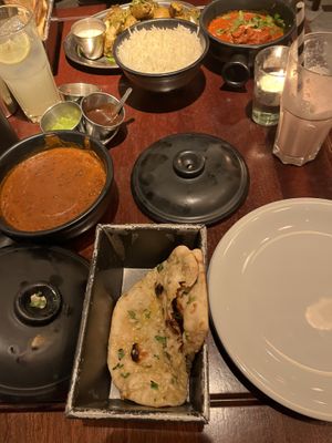 Garlic Naan, black daal to the upper left side  at Dishoom - Covent Garden in London