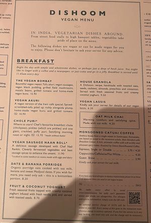 Vegan menu  at Dishoom - Covent Garden in London
