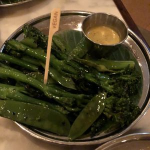 Grilled greens- broccoli and mangetout with mustard dressing   at Dishoom - Covent Garden in London