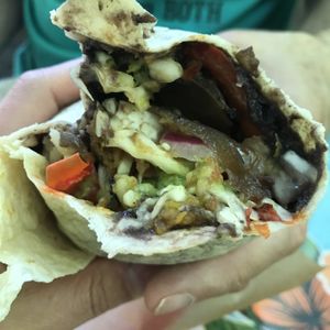 Inside the veggie burrito made vegan at El El Frijoles in Sargentville