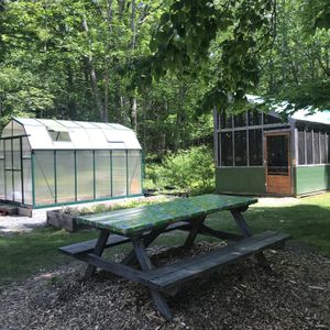 Outdoor seating with screened dining building in back at El El Frijoles in Sargentville