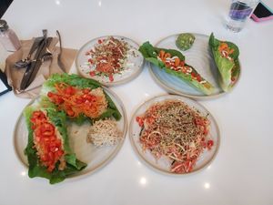 Starting from the top right and going clockwise: tacos, spaghetti with marinara, thai lettuce plate, chili. Tacos and Thai are a MUST!!! at Rawk Star Cafe in St Petersburg