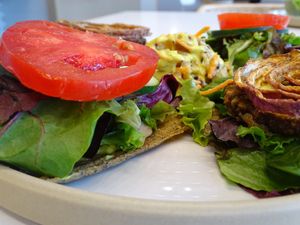 Two seed burgers comprised of sunflower seeds, shiitake mushrooms, sun-dried tomatoes, green cabbage, zucchini, carrots, lettuce, tomato, cucumber, onion ring & herbs with tahini mustard sauce… at Rawk Star Cafe in St Petersburg
