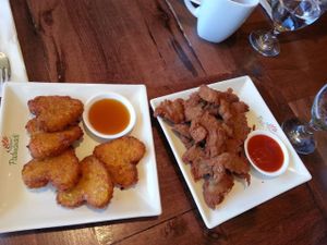 Corn cakes and fried 'chicken' at Padmanadi in Edmonton