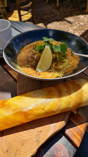 Ayurvedic Khichadi
Slow-cooked rice and dal with fresh turmeric, ginger and a cabbage achar (vegan) with added dosa.  at Nevedya in Upwey