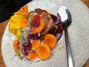 Buckwheat pancakes with seasonal fruit at Nevedya in Upwey