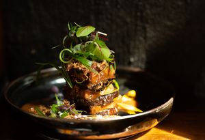 Grilled Eggplant and Tofu with a Miso Sesame Sauce at Nevedya in Upwey