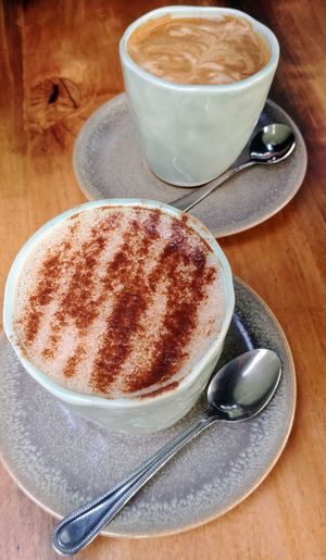 Almond chai latte & soy flat white at Nevedya in Upwey