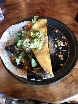 Mexican vegan dosa with smoked vegan mozzarella, pinto beans, salad and guac  at Nevedya in Upwey
