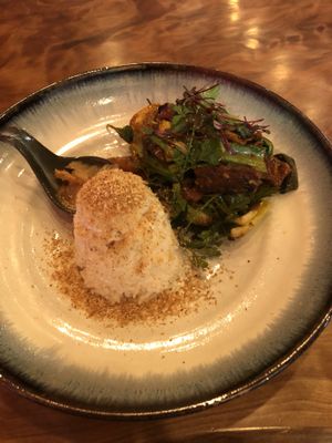 Tamari tempeh with spicy Thai chilli soy sauce and vegetables with coconut rice at Nevedya in Upwey