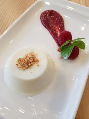 Milk pudding with raspberry sauce at Green Ba - Marina Sq in Central Singapore
