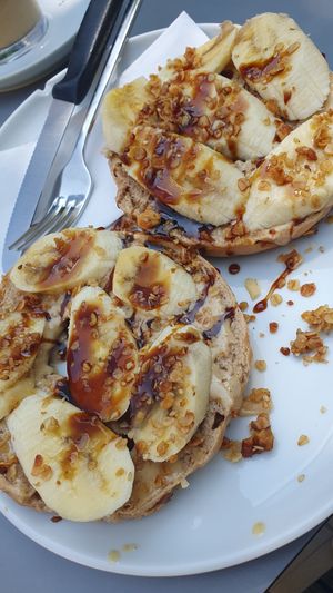 Bagel with nut butter, banana and syrup. at Samocca in Aalen