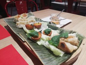 2nd of 5 set menu courses - spring and summer rolls, veg dumplings and mushroom somethingorothers at Kiu Nam in Barcelona