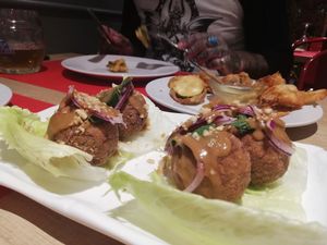 Vegan meatless balls from set menu 4th course at Kiu Nam in Barcelona